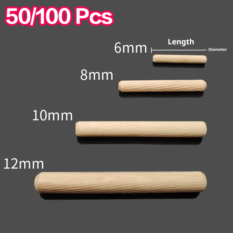 50/100pcs Wooden Dowel Pins Fluted Round Wood Craft Dowel Rods for Furniture Cabinet Drawer Woodworking Connector M6-M12 DIY