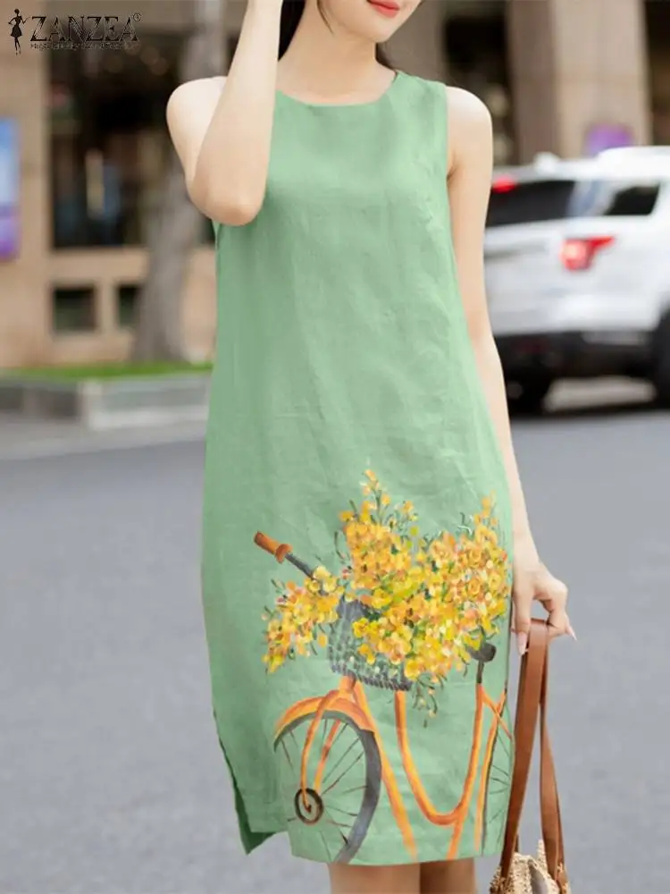 

ZANZEA 2024 Summer Flower Print Dress Casual Loose Sleeveless Kaftan Robe Women O-neck Sundress Elegant Baggy Vestidos Holiday