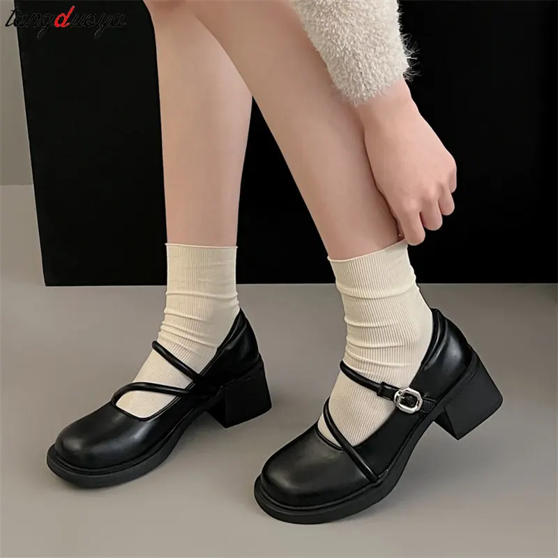 Vrouwen Loafers Retro Black Mary Jane Schoenen Vrouwen Dikke Hakken Enkelgesp Lolita Schoenen College Stijl Cosplay Jk Uniform Schoenen