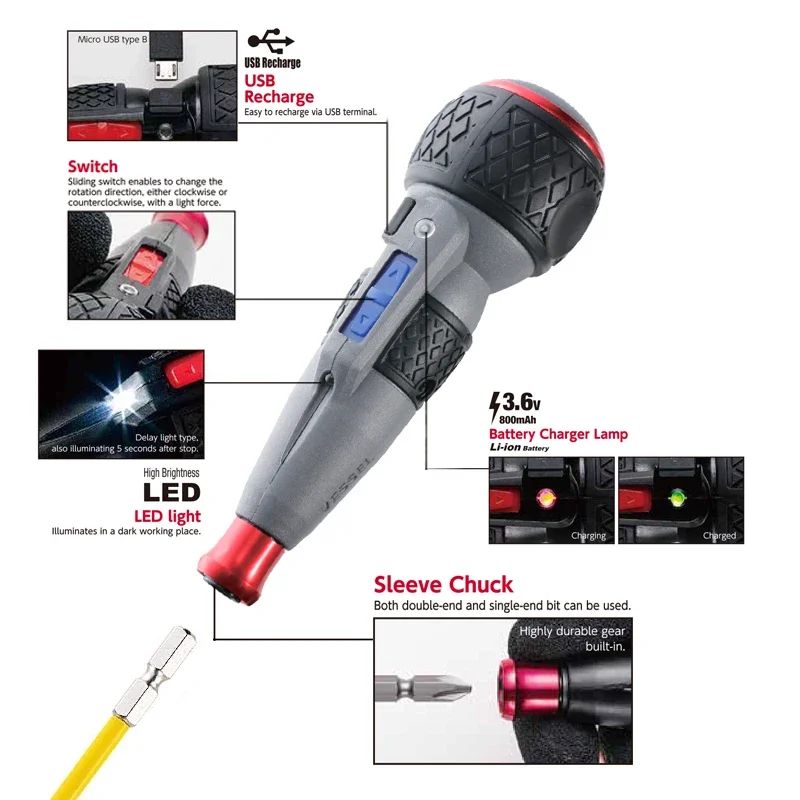 VESSEL Electric Screwdriver Series Ball Grip with Bit High Speed/Torque 220USB-6C 220USB-1C 220USB-S1 220USB-P1