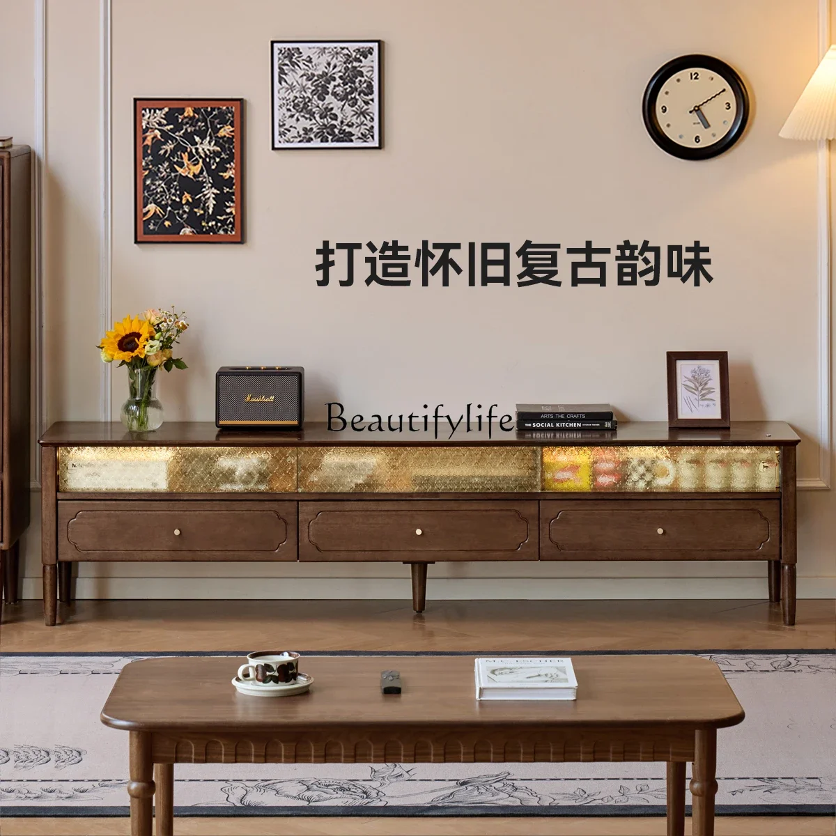 

3Solid Wood TV Cabinet Storage Cabinet Integrated Retro Style Living Room Home Use