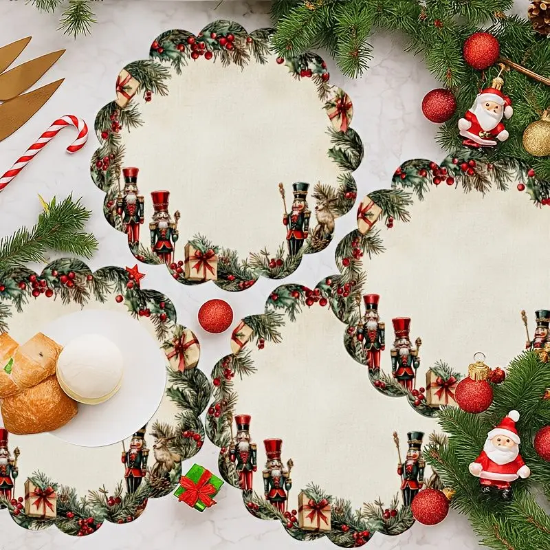 VIKAMA Nutcracker Soldier Gift Wreath Placemat Beige Background Wavy Edge Red Uniform Present Pine Branch Christmas Table Mat