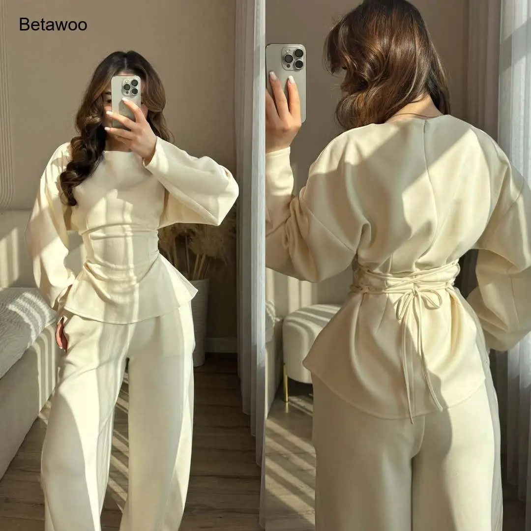 Women's 2 Piece Long Sleeve Top and Wide Leg Pants Set Casual Solid Color Pullover Sweatshirt and Trousers Lounge Wear Outfit