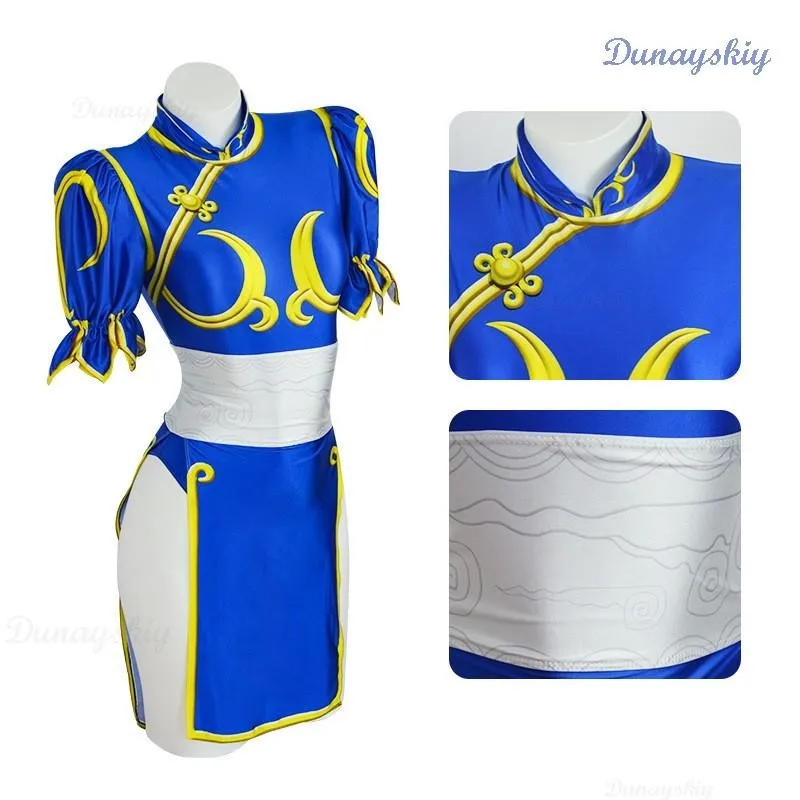 Chun Li-vestido de Cosplay, disfraz de juego SF Chunli, juego de rol, traje Qipao azul, conjunto completo de Jackie Kung fu, traje de fiesta de Halloween para diversión