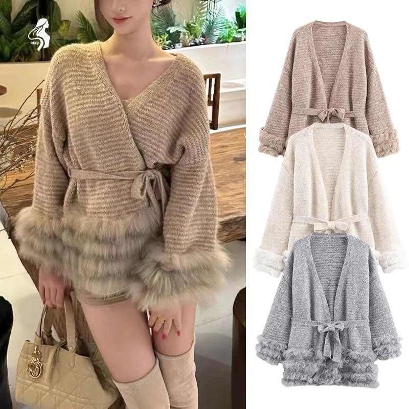 

Женский вязаный кардиган с поясом, длинные рукава, плюшевый удобный вязаный кардиган, универсальный повседневный кардиган Trafizaran