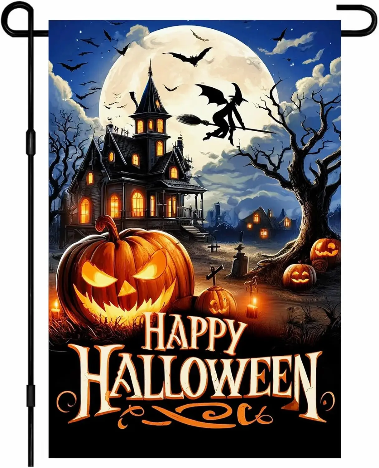 BlissYard Happy Halloween Garden Flag Haunted House Flag 12x18 Inch Witch Flying Pumpkin Bats Moon Spooky Outdoor Yard Decor WWP