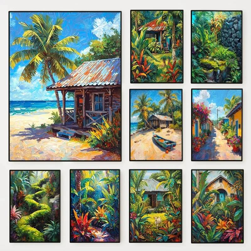 Tropical Beach  Island Landscape Poster Caribbean Style River Botanical Scenery Canvas Painting Wall Art Living Room Home Dec