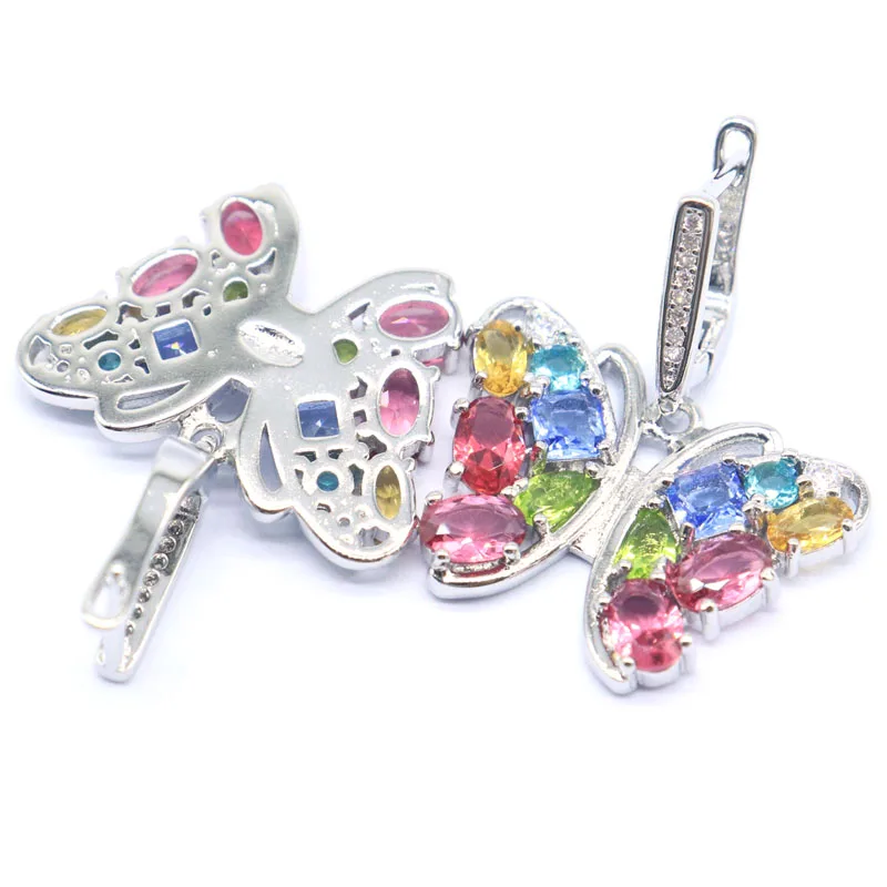 32x21mm Multi Color Butterfly Shape Tourmaline Peridot Aquamarine Blue Topaz CZ Females Present Silver Earrings