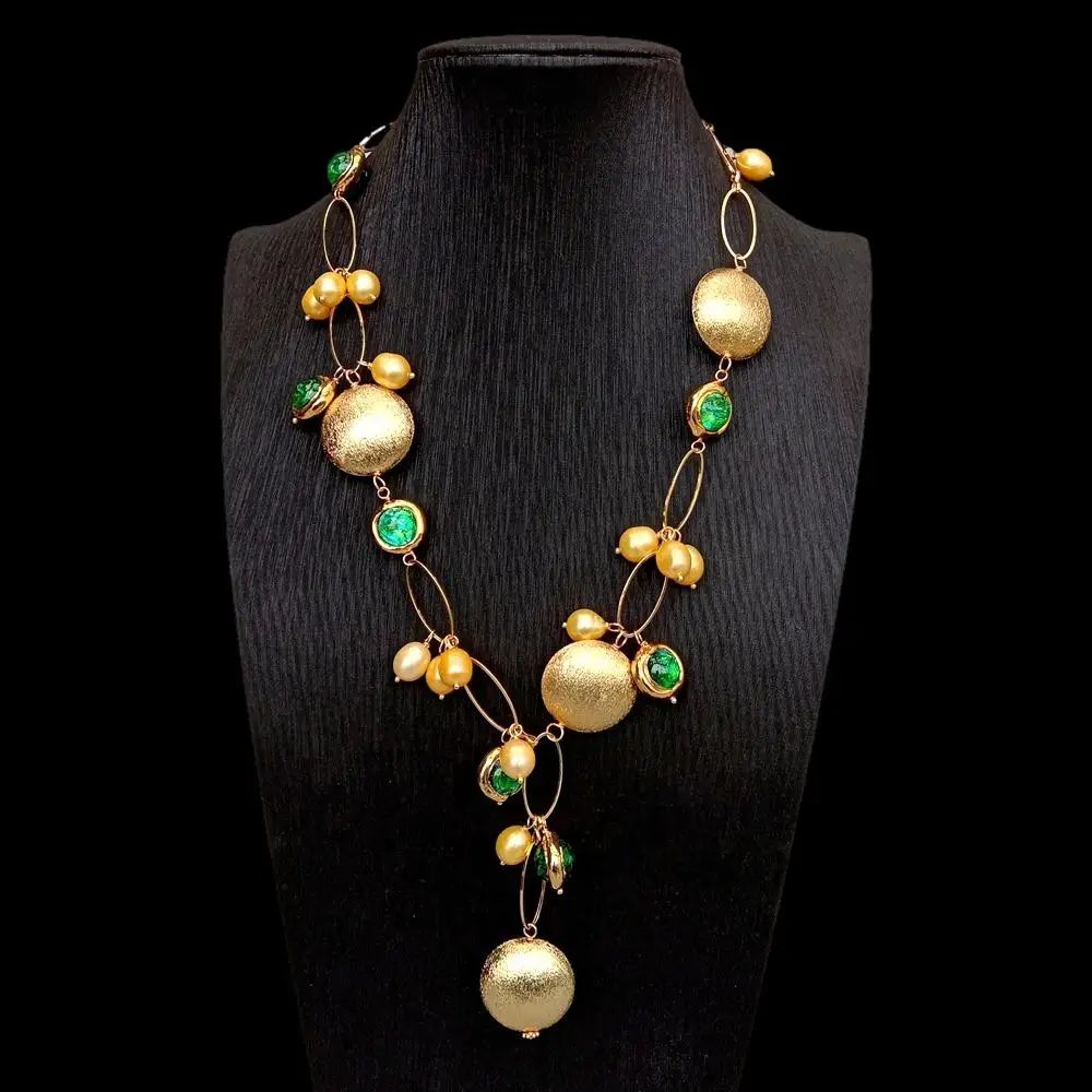 Y·YING Cultured Golden Color Rice Pearl Green Murano Glass Gold Plated Brushed Coin Shape Necklace Y-drop Necklace Jewelry Femme