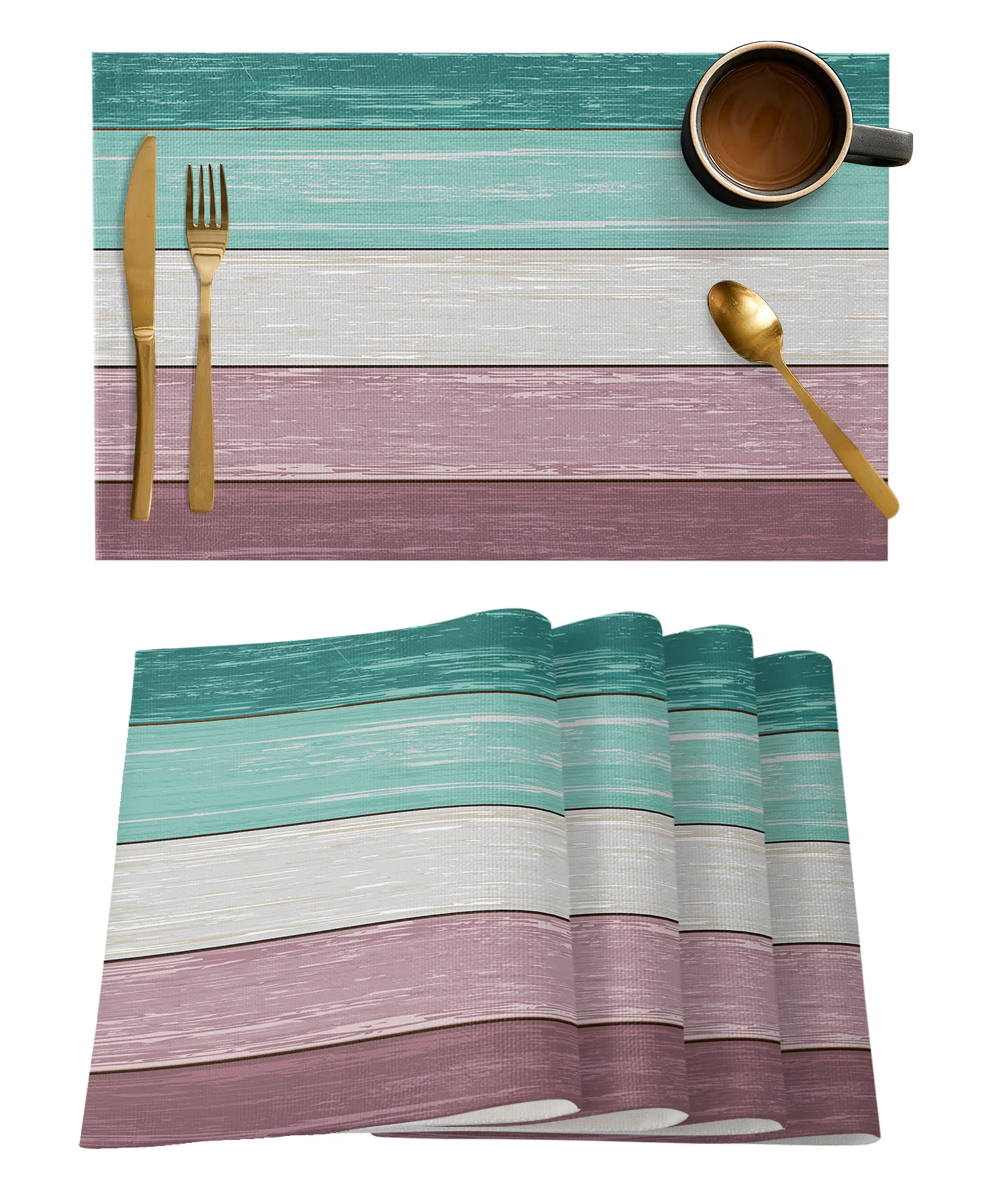 Faux Wood Grain Ocean Green Purple Gradient Dining Placemat Tableware Mats Kitchen Dish Mat Pad 4/6pcs Table Mat Home Decoration