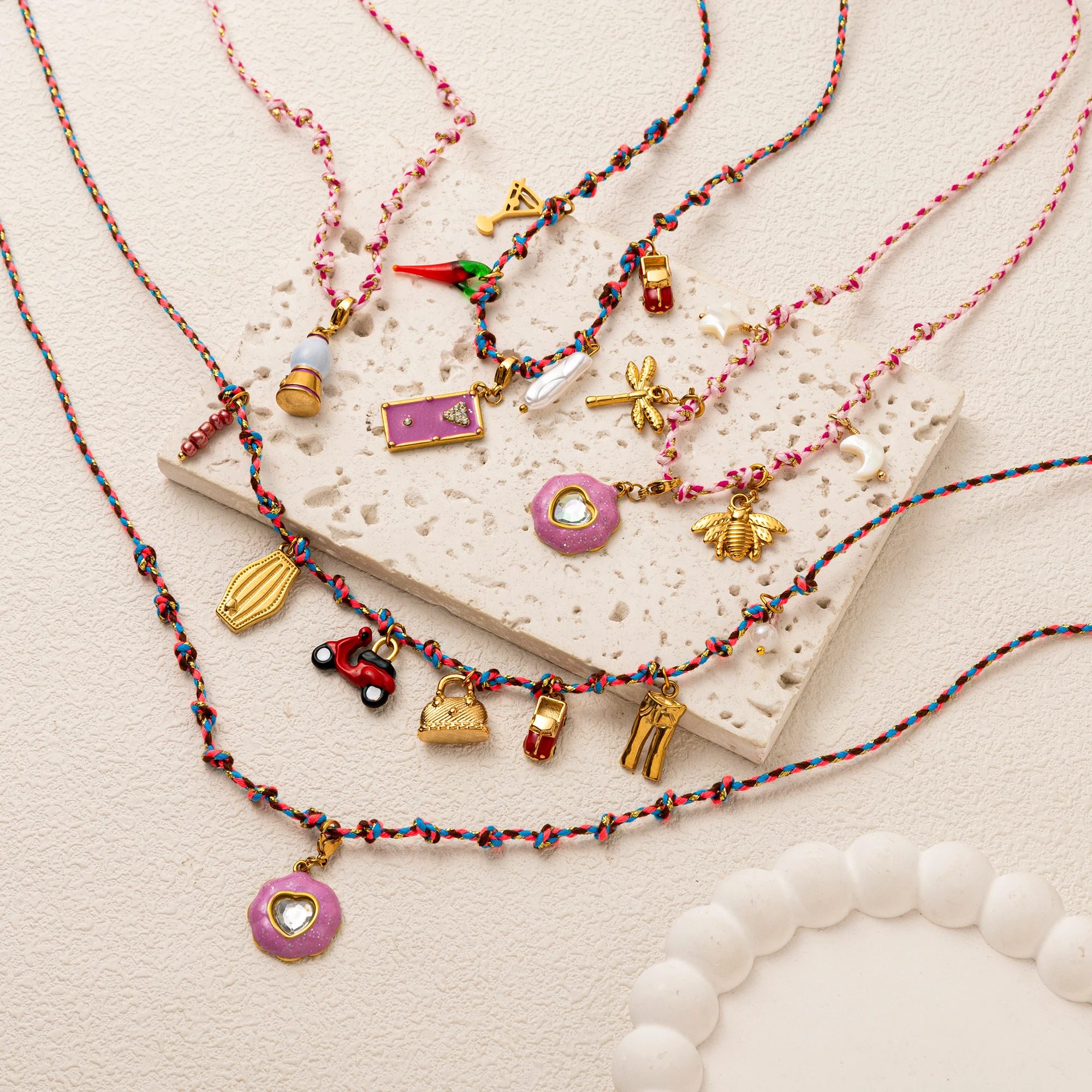 

Vibrant Charm Necklace 18K Gold Plated Stainless Steel Colored Beaded Chain Fun Fashion Gift for Her