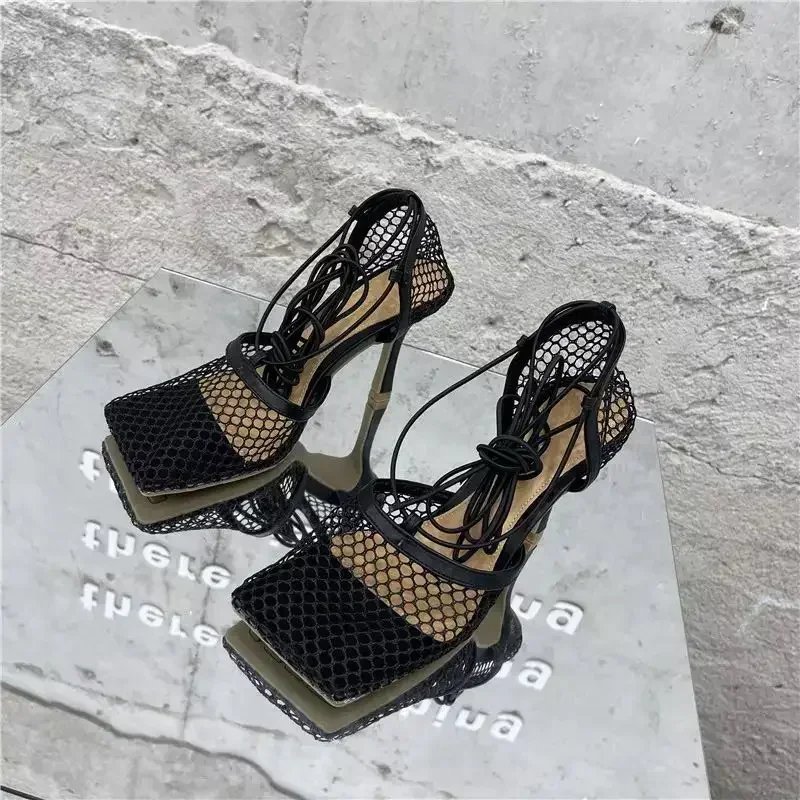 Sexy Mesh Pumps Sandals Female Square Toe High Heel Lace Up Cross-Tied Stiletto Hollow Dress Shoes Zapatos Mujer