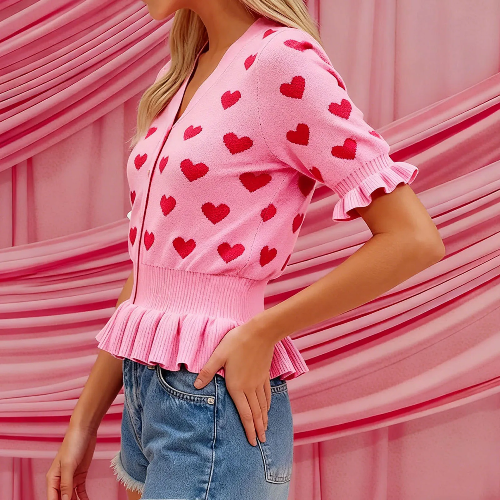 เสื้อคาร์ดิแกนถักลายหัวใจสุดหรูสำหรับผู้หญิงในวันวาเลนไทน์ ดีไซน์เก๋ไก๋ ขอบระบาย กระดุมผ่าหน้า คอวี แขนครึ่งตัว