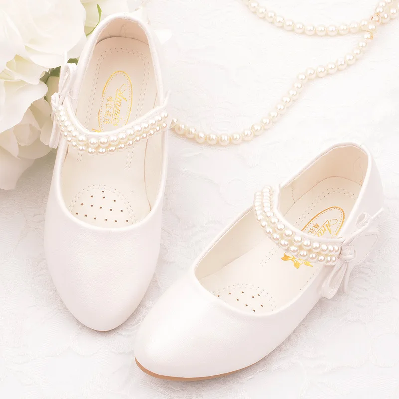 2023 New Girls White Leather Shoes Children Flat White Shoes Girls Flower Girl School Dress Shoes Toddler Girl Shoes