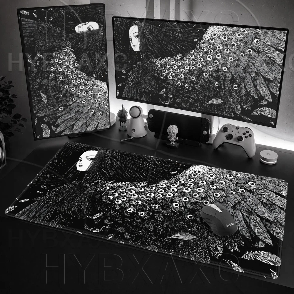 HYBXAXC Mouse Pad Junji Ito Inspired Horror Angel Desk Mat HD Print Extended Gaming Keyboard Mats Large Angel Wing MTG Playmat