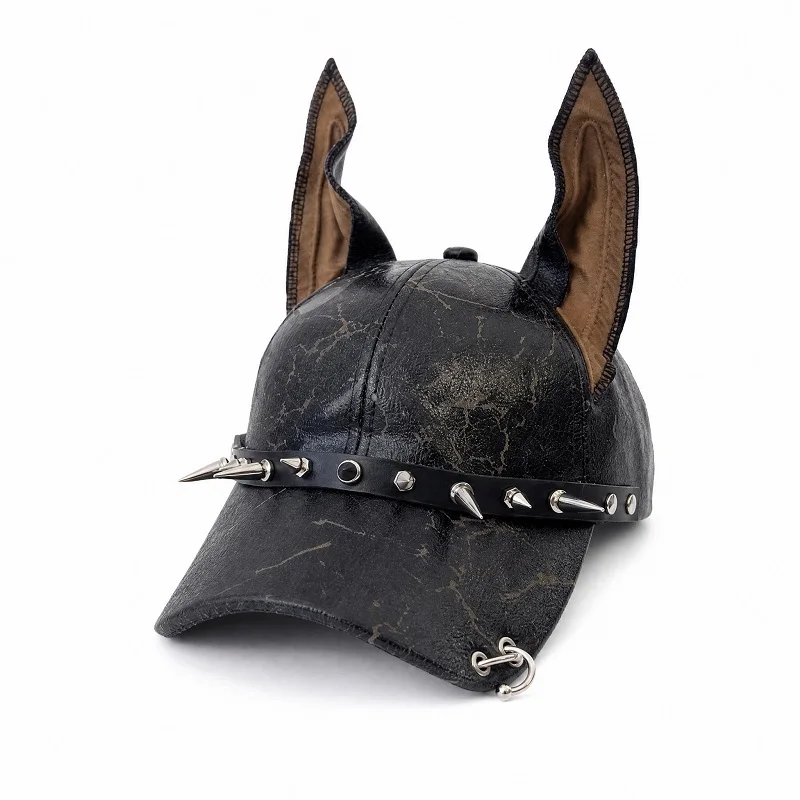 Kids Teens Y2K Punk Doberman Ear Baseball Cap, Faux Leather Spiked Rivet Streetwear Duckbill Hat with Adjustable Fit, Breathable