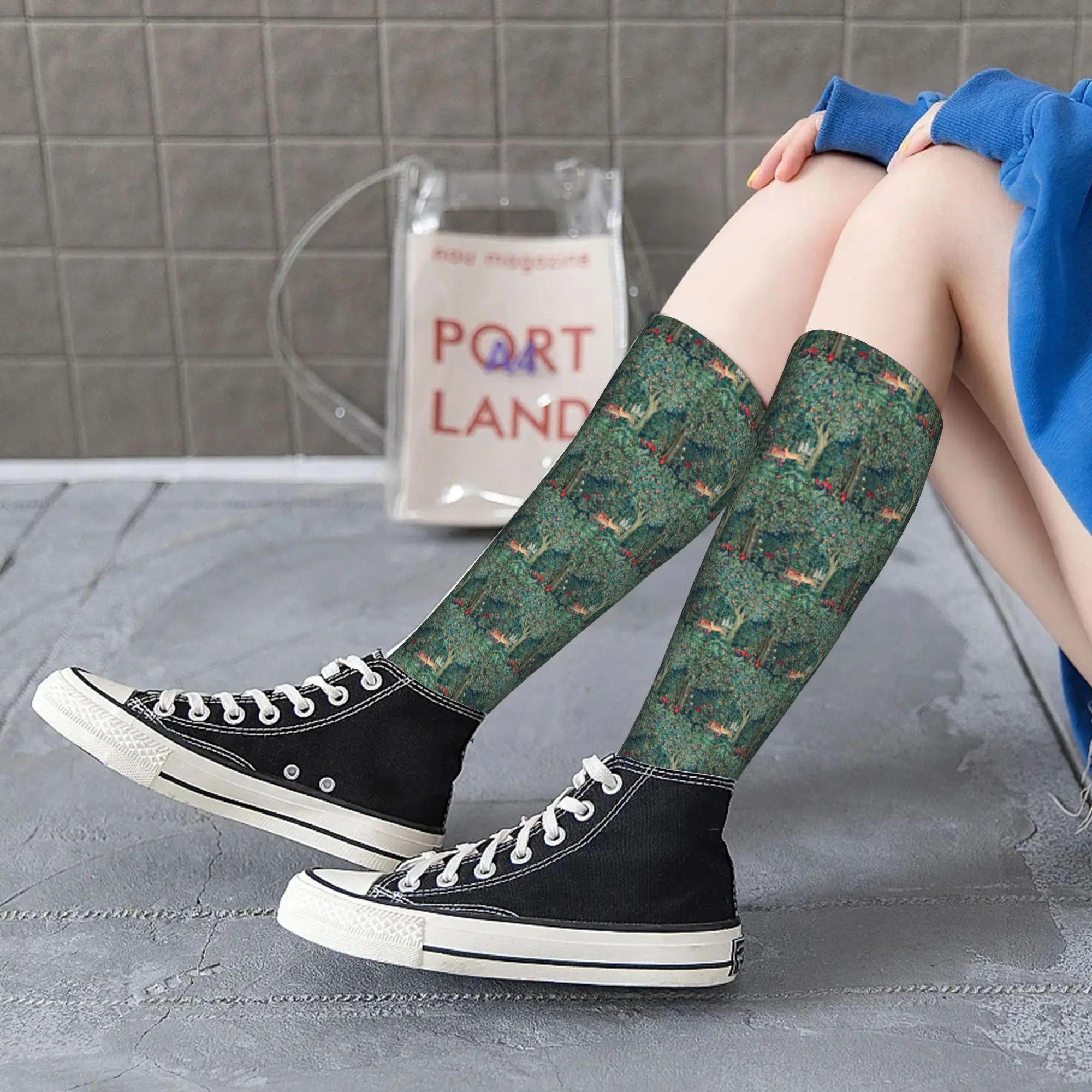 オールシーズン クルー ストッキング GREENERY、FOREST ANIMALS Hares ブルーグリーン ソックス 原宿 カジュアル ロングソックス アクセサリー メンズ レディース