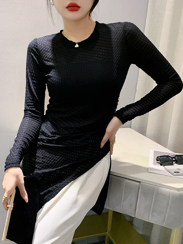 

Faionable Long Sve Slim Fit T-irt Women's Base irt Midi Length Design European Sle Autumn New Arrival Street Sle