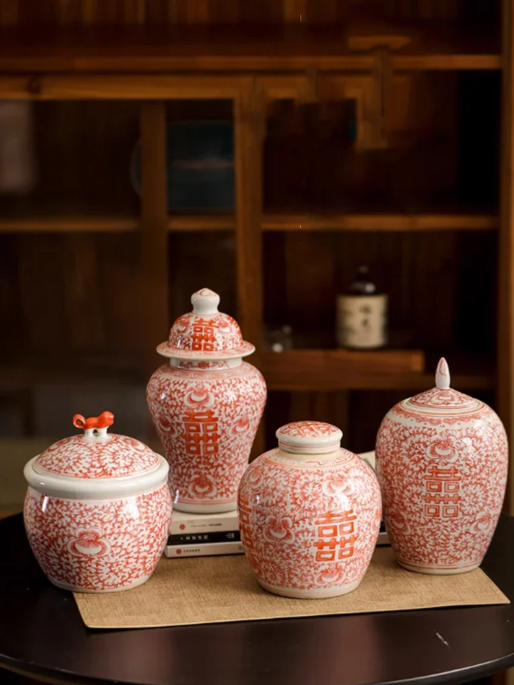 

Chinese Style Enamel Colored Ceramic Vase Light Luxury Wedding Decoration Double Happiness Sealed Candy General Jar Home Vase