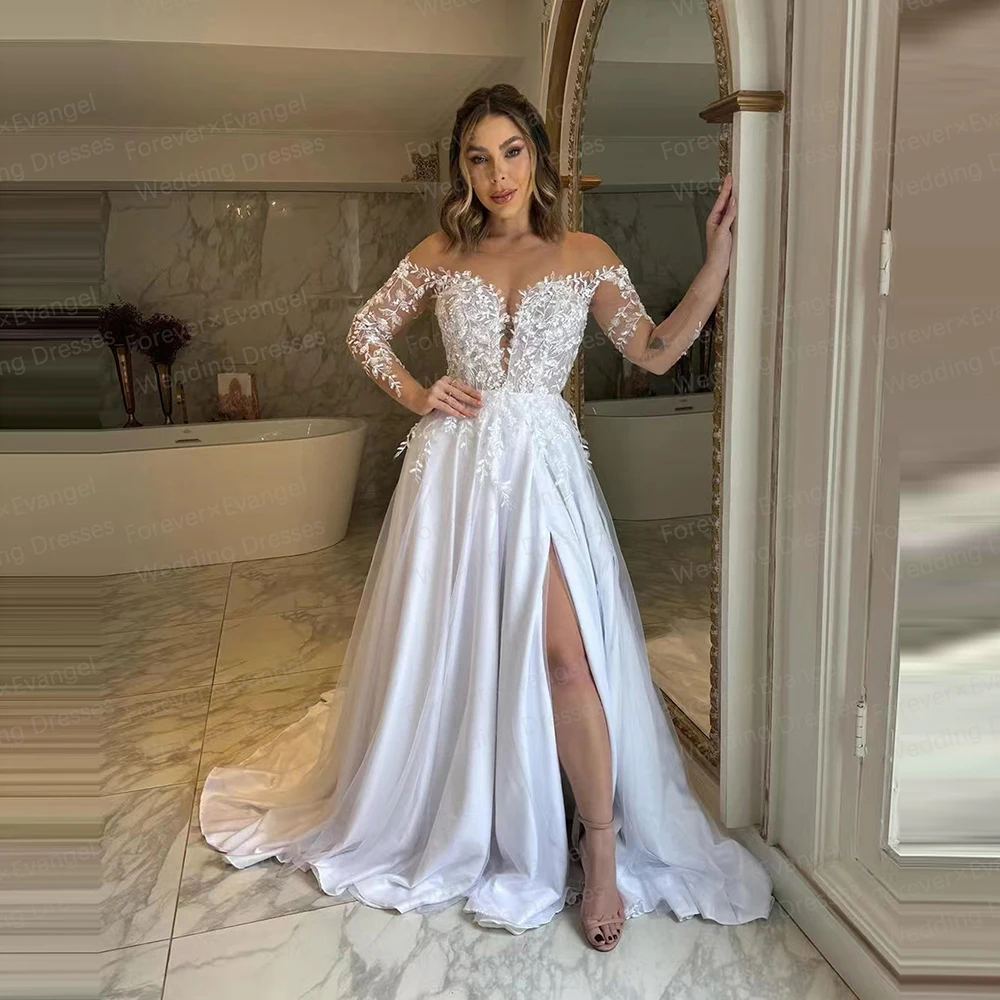 Vintage Appliques Wedding Dresses A Line For Woman Princess Long Sleeve Sweetheart Split Bride Gowns Elegant Vestidos De Novia