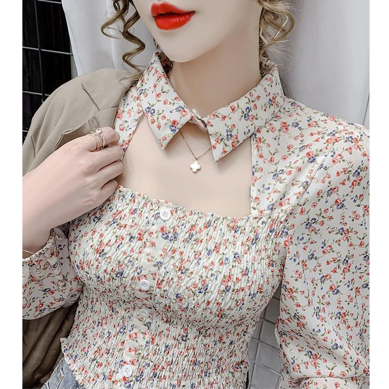 New Women Vintage Sexy Hollow Floral Print Chiffon Blouses Elegant Fashion Slim Long Sleeve Shirts Female Casual Sweet Chic Tops