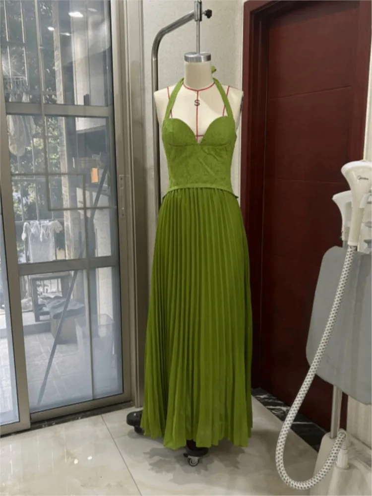 

Women's Dresses 2026 New Fashion Sexy Backless Halter Neck Dress Solid Color See Through Lace Vestidos Slim Temperament Trendy