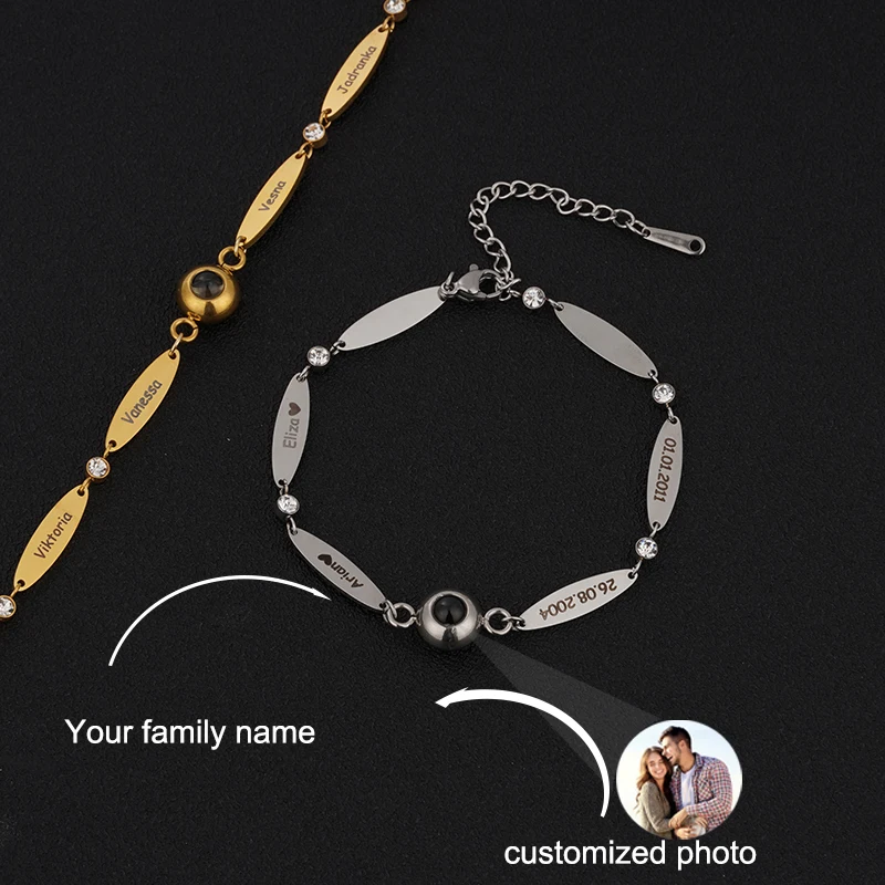 Custom Photo Projection Bracelet with Silver/Gold Color Personalized Engraved Family Name Stainless Steel Bracelet for Women