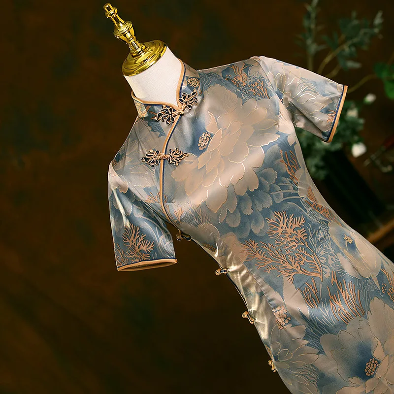 2022 High Quality Fashion Improved Silk Cheongsam Print Short Sleeve Vintage Dress Women Costumes Qipao Modern Cheongsam Dress