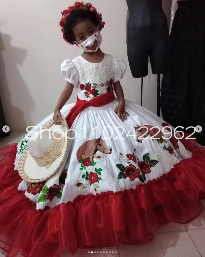 White Red Mexican Charro Flower Girls Dresses Lace Stain Organza Floral Embroidery Mini Quinceanera Dress customsized