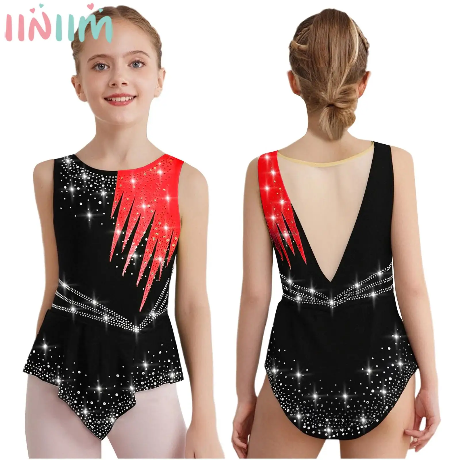 Girls Rhinestones Contrast Color Rhythmic Gymnastics Leotard Dress Figure Skating Ballet Dance Acrobatics Performance Costume