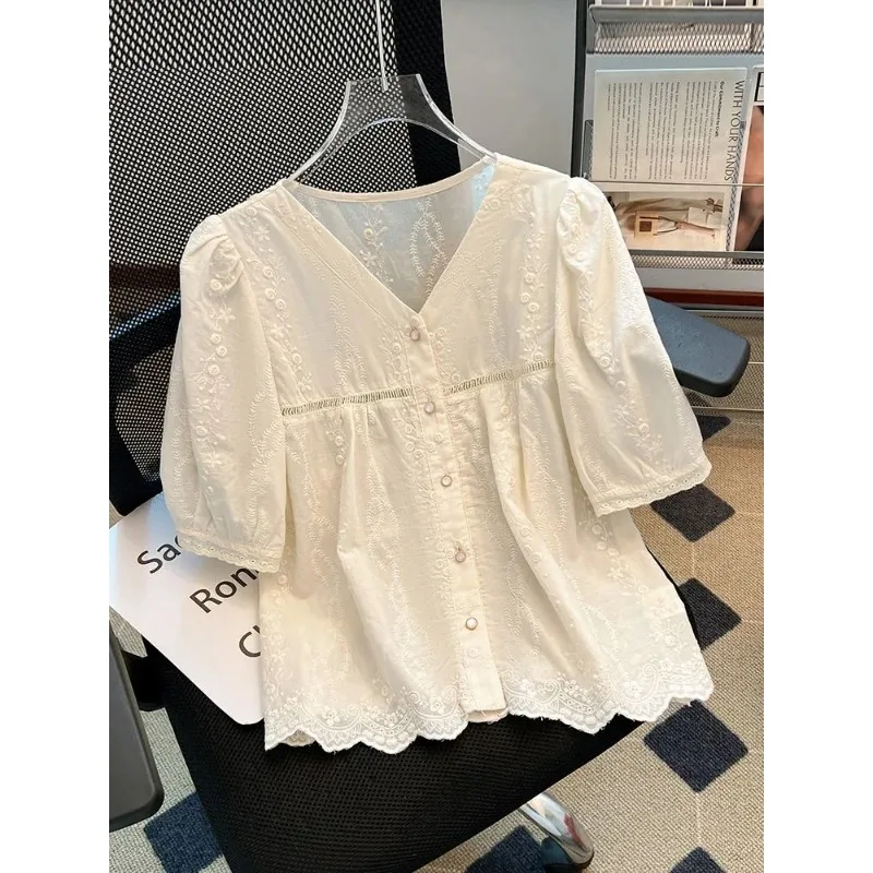 Women's Ivory Embroidered Blouse Puff Sleeve with Scalloped Lace Hem Floral EmbroideryYY31