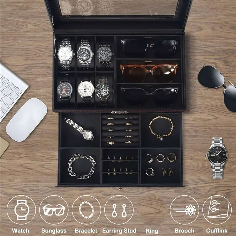 A95D-3X Watch Box, Mens Jewelry Box With 6 Slot Watch Case & 3 Slot Sunglasses Organizer, 2 Layers Lockable Watch Holder