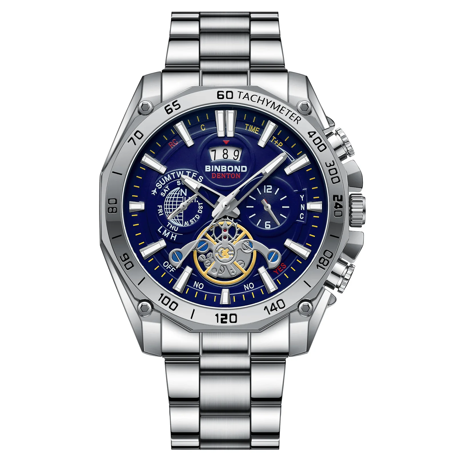 BINBOND Men\'s watches Casual Fashion Flywheel Style Original Quartz Wristwatch for Man Waterproof Stainless Steel Luminous Date