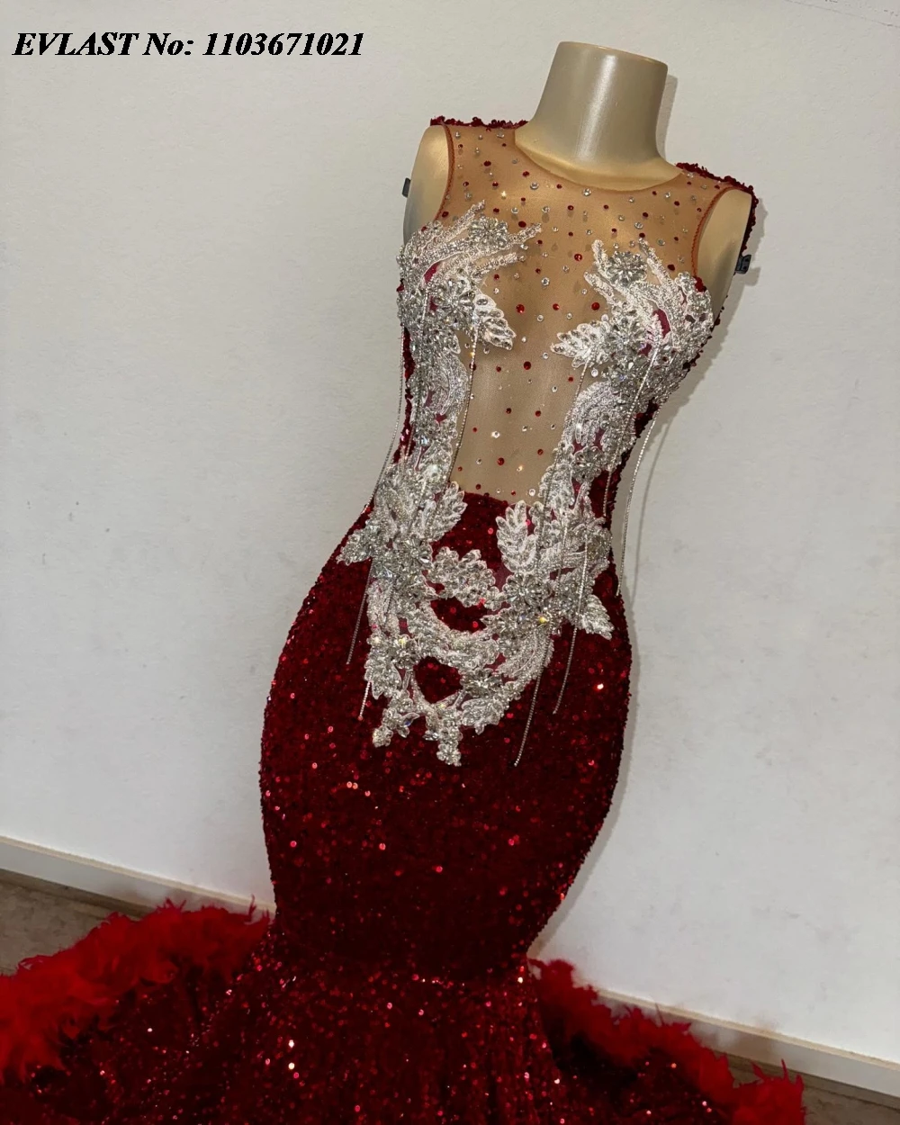 EVLAST Customized Red Sequins Feather Long Prom Dress For Black Girls Crystal Beaded African Formal Party Gala Gown Vestido P112