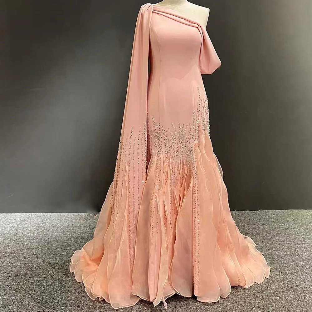 

Customized Pink Tulle Exquisite Long Beading and Sequined Evening Dress with Ruffles Mermaid One Shoulder Zipper Back Prom Dress