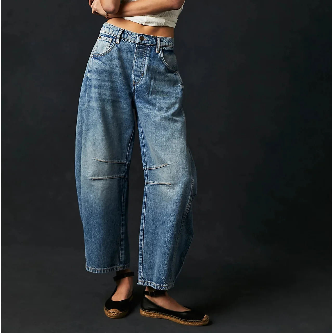 

Women's Casual Fashion Loose Wide Leg Pants Mid Low Waist Washed Jeans Pants Harlan Pants Elastic Waist High-waisted Jeans