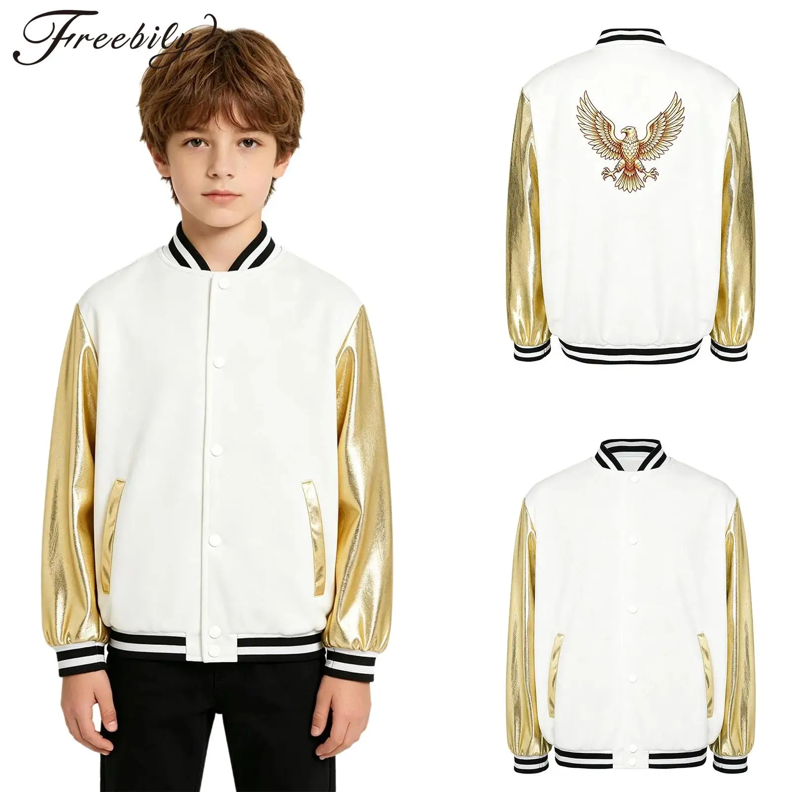 Boys Jazz Dance Costume Hip Hop Metallic Shiny Outerwear Streetwear Girls Coats Eagle Printed Kids Baseball Jackets Dancewear