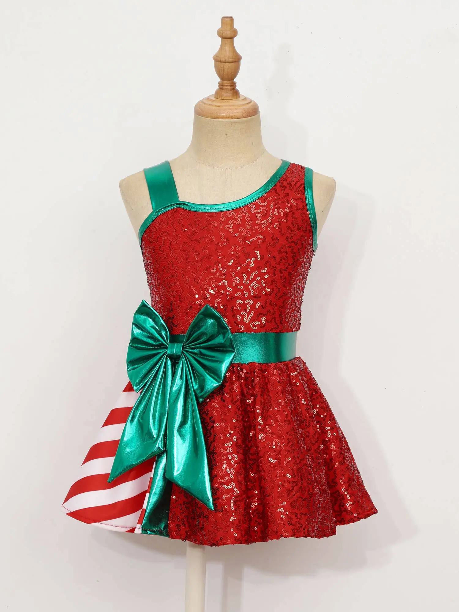 Kids Girls Christmas Party Dress Sleeveless Shiny Sequin Ballet Dance Skating Gymnastics Leotard Tutu Xmas Santa Elf Costume