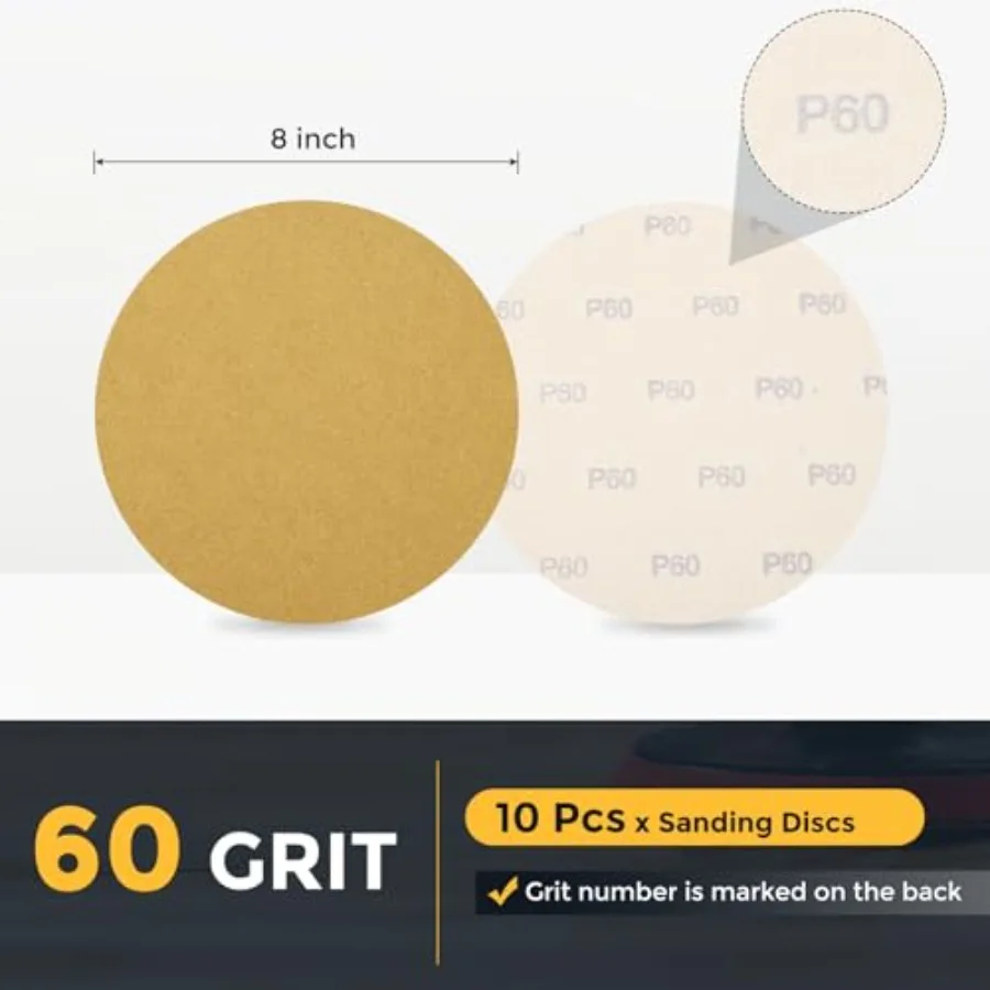 Pcs 8 Inch Sanding Discs, 60 Grit Hook and Loop Sandpaper, No-Hole Aluminum Oxide Round Sanding Paper for Woodworking Automotiv