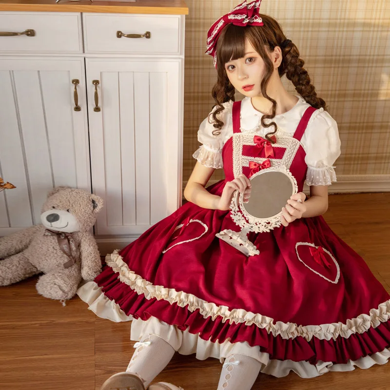 Red Lolita Kleider JSK Sommer Frauen Kawaii Jumper Rock Mädchen Spitze Miads Prinzessin Süße Kleid Japanischen Cosplay Kostüm Kleid