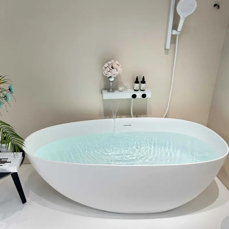 Oval PMMA Acrylic Freestanding Bathtub Solid Surface Soaking Tub for Small Bathroom Hotel B&B Compact Design