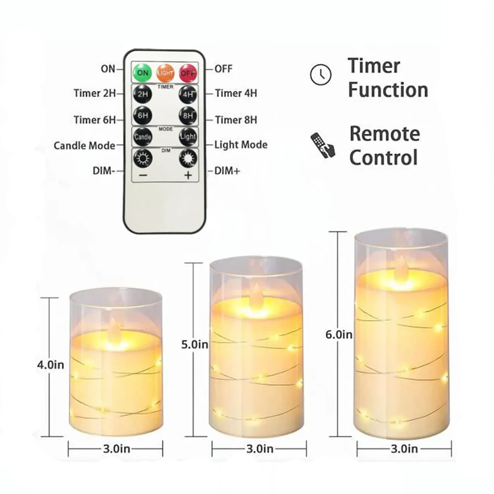 Velas LED con Control remoto, velas parpadeantes sin llama con batería para boda, fiesta de Navidad, decoración del hogar, 3 piezas por juego