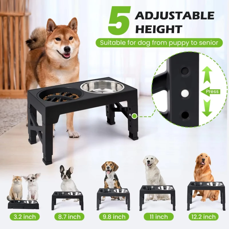 Elevated Dog Feeder Bowls Adjustable Raised Stand with Double Stainless Steel Food Water Bowls Small Medium Large Dogs view 2