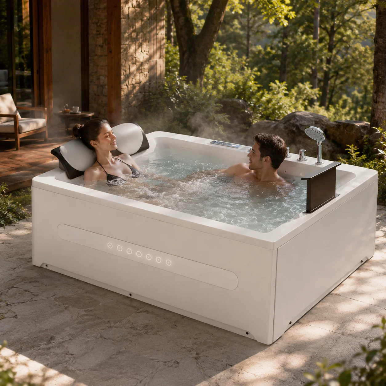 Ploutara Custom Size Square/Rectangle Modern Outdoor Whirlpool Bathtub Ergonomic Seats Dual Headrests Hydro Massage Jets Smart