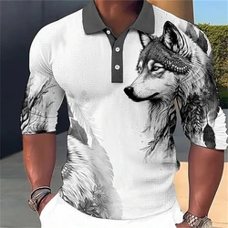 New Men'S Polo Shirt 3d Wolf Lion Print Men Clothing Summer Casual Long Sleeved Loose Oversized Shirt Street Fashion Tops Tees