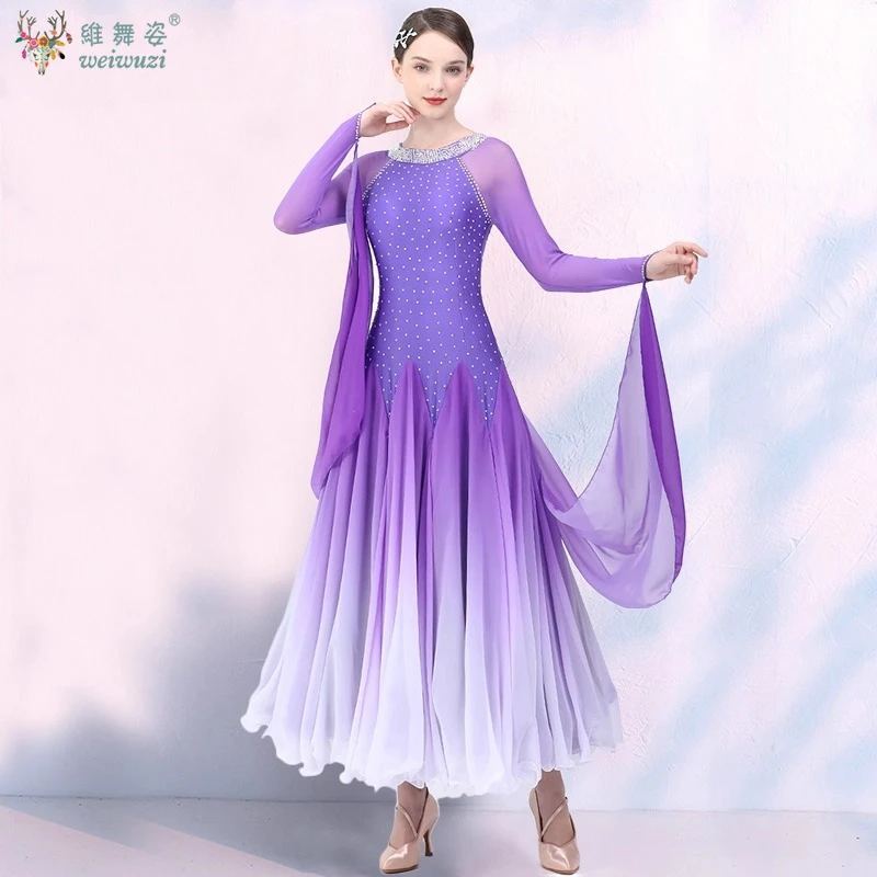 Traje de desempenho de dança moderna high-end elástico gradual mudança de cor vestido adulto valsa dança de salão roupas de competição
