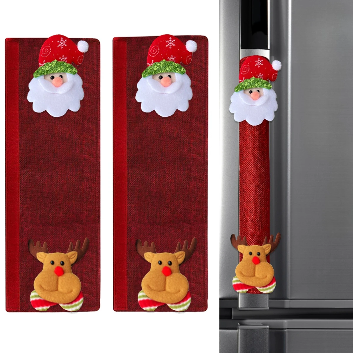 2Pcs Christmas Fridge Handle Covers Santa Reindeer Linen Doorknob Protector Xmas Kitchen Microwave Holiday Home Party Decor