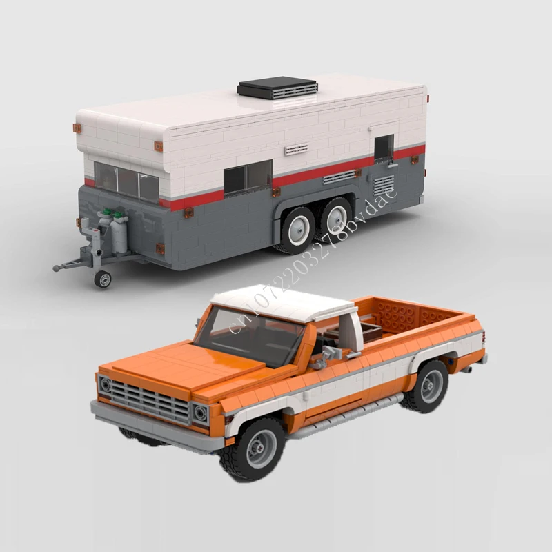 

MOC модель автомобильного транспортера K10 Silverado 1978 80-х годов, кемпер, прицеп, строительные блоки, технологические кирпичи, сделай сам, детские игрушки, рождественские подарки