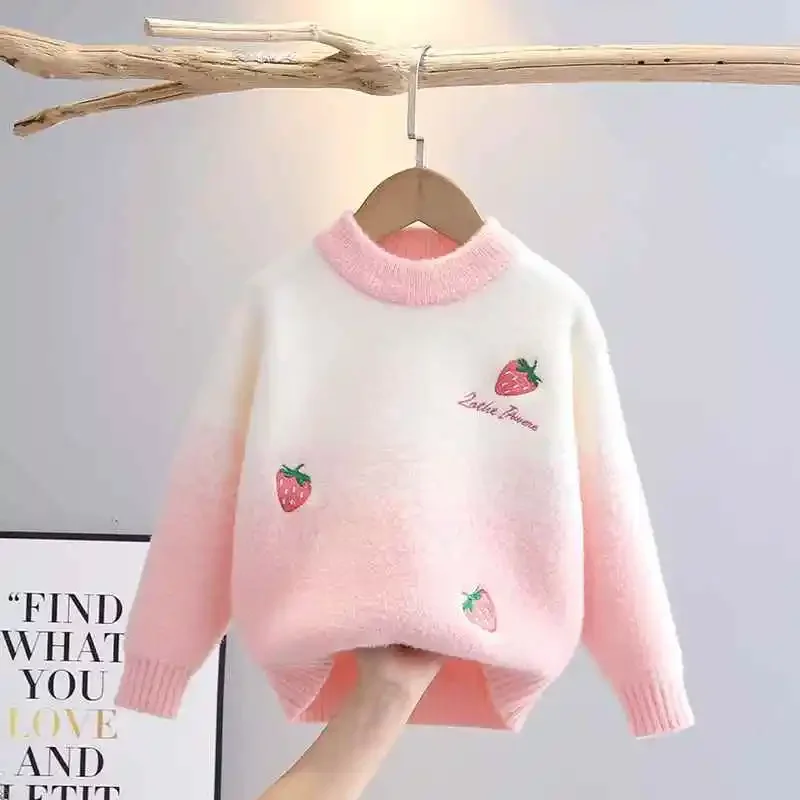 

Новые свитера с клубникой, детский осенне-зимний теплый пуловер, детский хлопковый свитер, детская одежда, джемпер принцессы для детей 3-11 лет