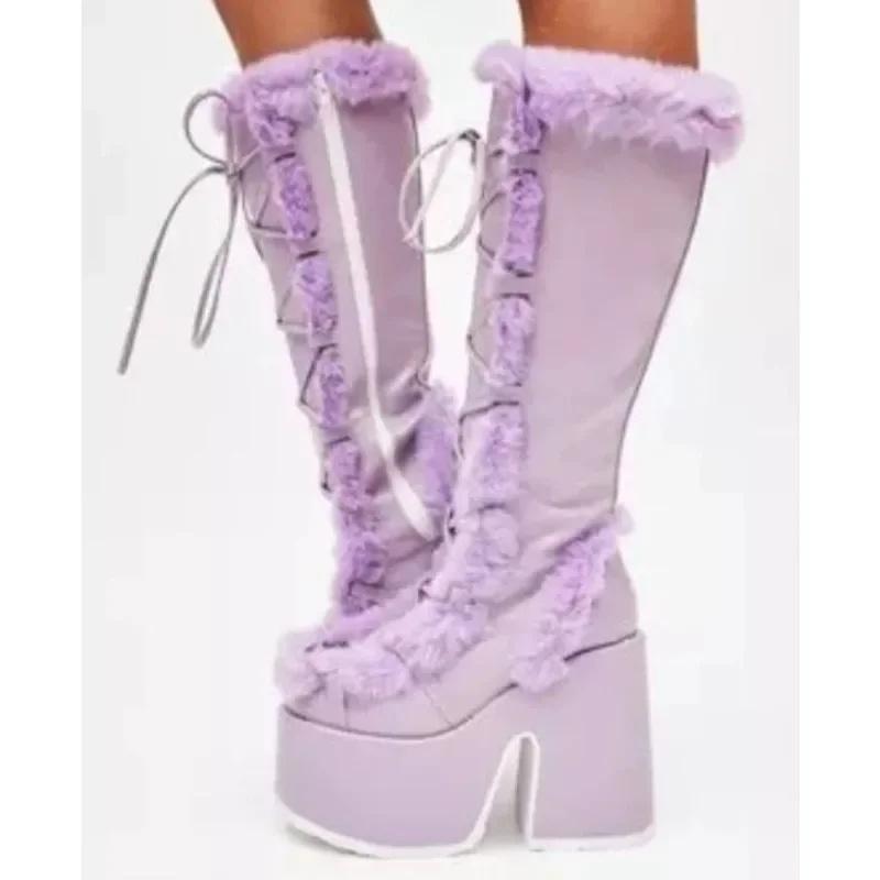 

New Winter Women Snow Boots Platform Wedge High Heel Faux Fur Lady Shoes Female Plush Warm Non-slip Mid Calf Boots Goth Shoes
